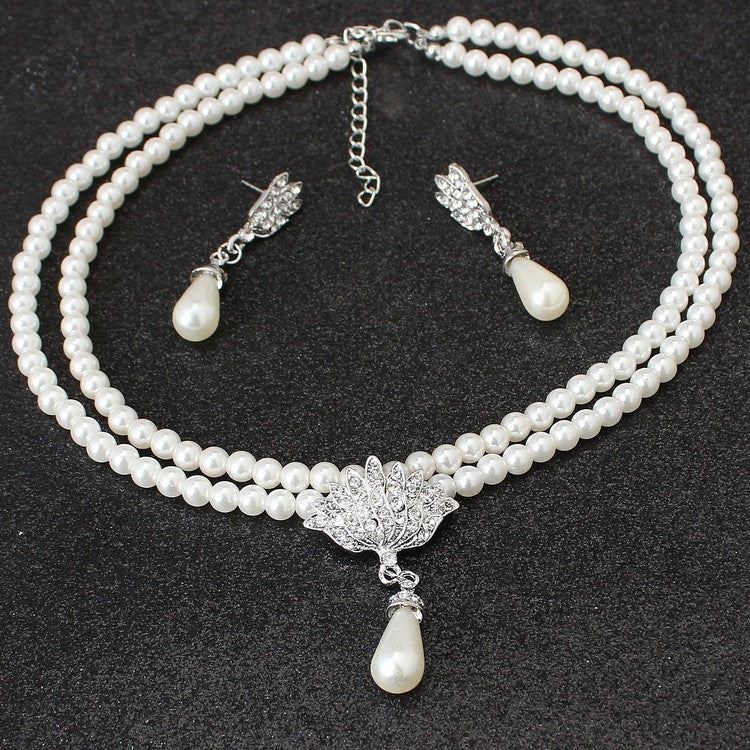 American Jewelry, Bride Pearl Crystal With Short Collarbone Neck Necklace Set, Earrings Korean Version Temperament
