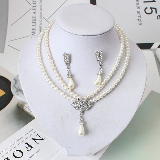 American Jewelry, Bride Pearl Crystal With Short Collarbone Neck Necklace Set, Earrings Korean Version Temperament