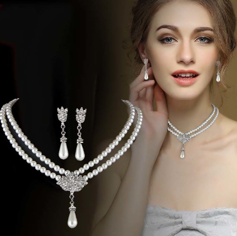 American Jewelry, Bride Pearl Crystal With Short Collarbone Neck Necklace Set, Earrings Korean Version Temperament