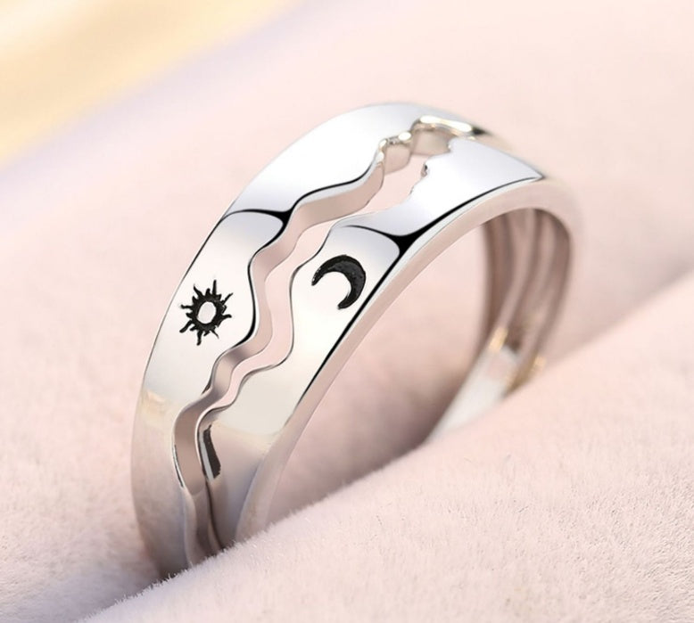 Sterling Silver Pair Sun Moon Mountain Sea Couple Ring Men's and Women's Sterling Silver Pair