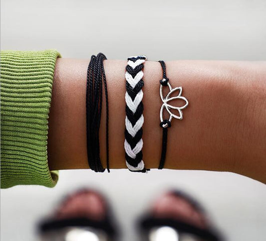 Bohemian Lotus Pendant Hand Woven Black Rope Bracelets
