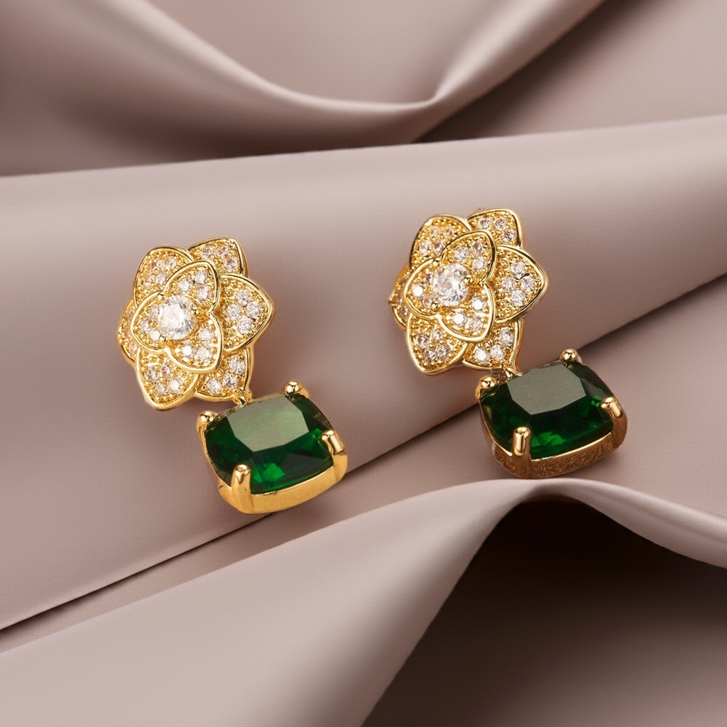 1 Pair Elegant Shiny Square Flower Plating Inlay Copper Zircon 18K Gold Plated Drop Earrings