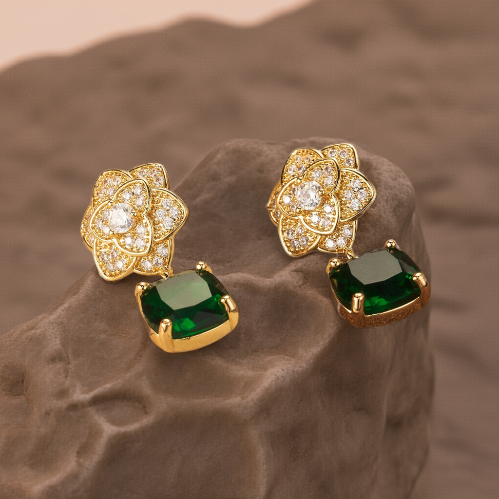 1 Pair Elegant Shiny Square Flower Plating Inlay Copper Zircon 18K Gold Plated Drop Earrings