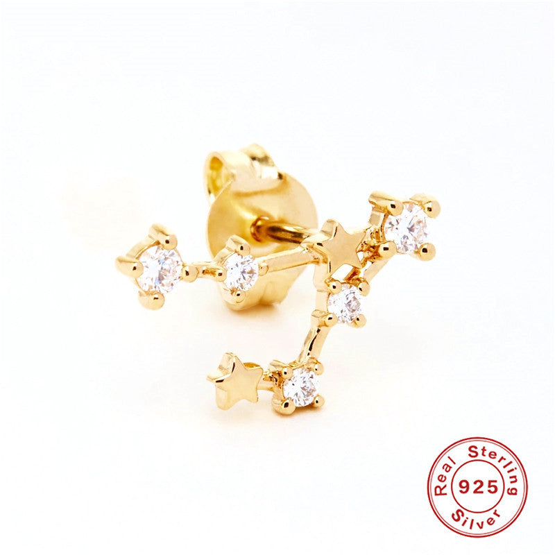 Sterling Silver Irregular Zodiac Diamond Pentagram Stud Earrings