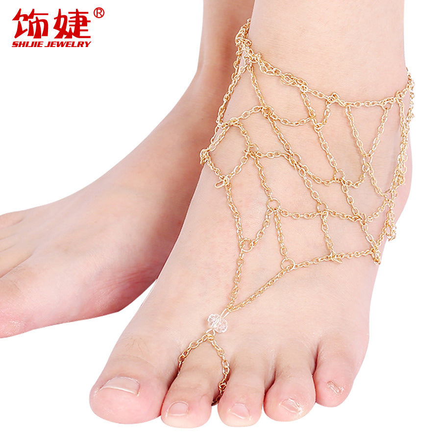 Fashion sexy beach exaggerated diamond decorated feet fishnet geometric Fingerless Anklet
