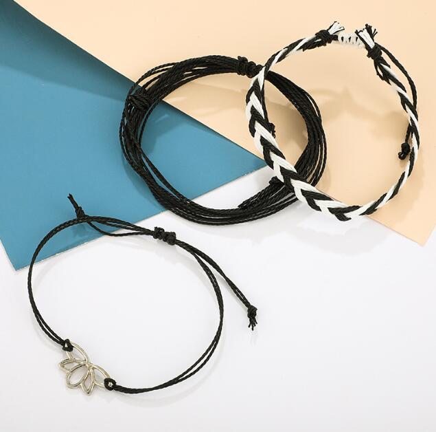Bohemian Lotus Pendant Hand Woven Black Rope Bracelets