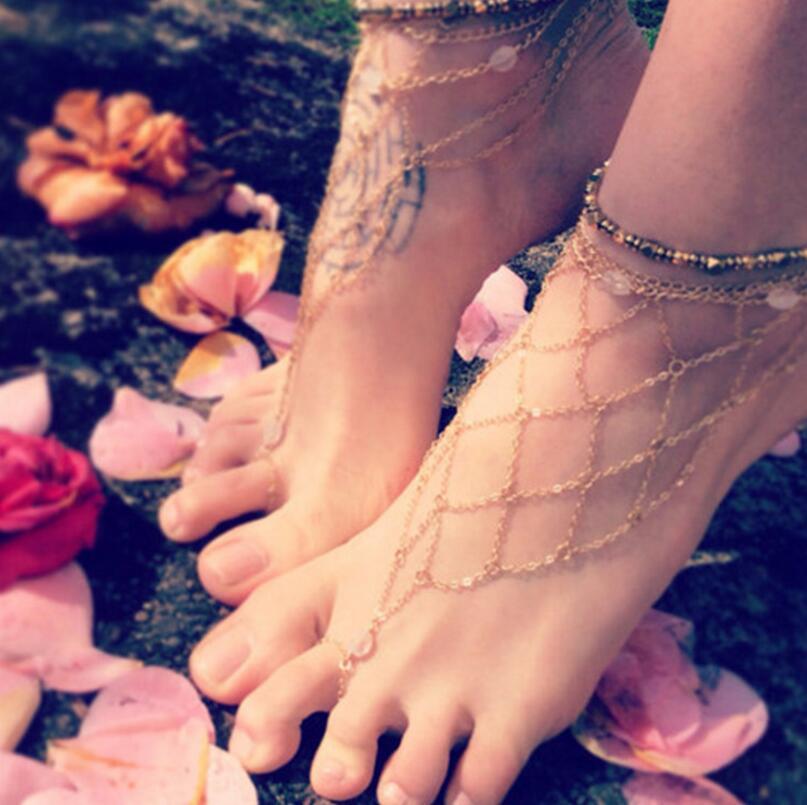 Fashion sexy beach exaggerated diamond decorated feet fishnet geometric Fingerless Anklet