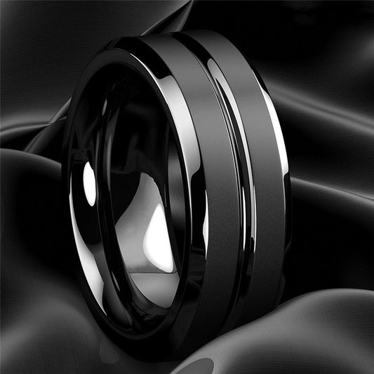 Men's Ring Jewelry Black Groove Matte Stainless Steel