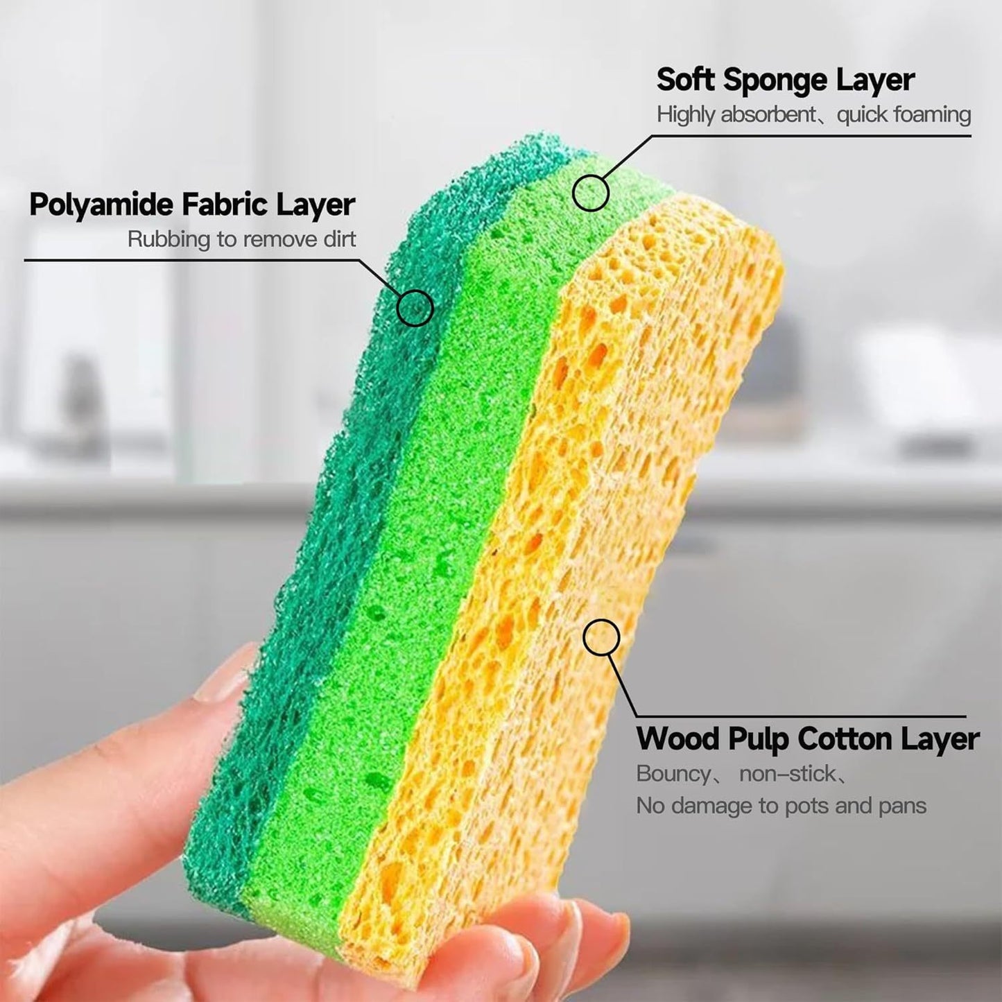 12 Pack Zero Scratch Scrub Sponges, 4 pc Pack, Wood Pulp, Cotton Layer, Non-Scratch Kitchen Sponges For Dishes And Cleaning