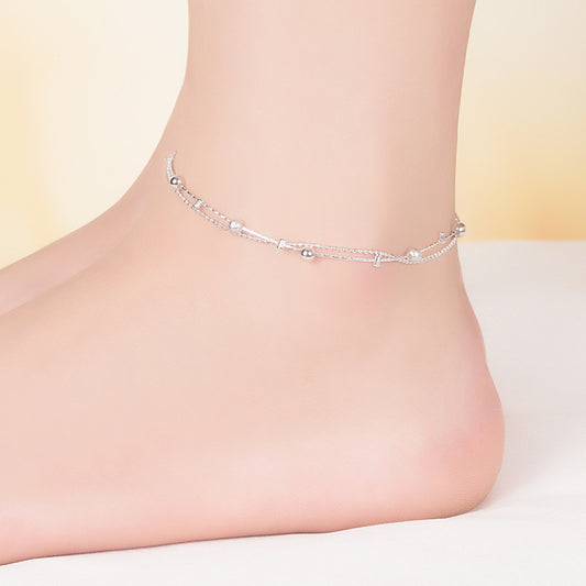 Benmingnian Double Layer Beaded Silver Plated Feet Chain