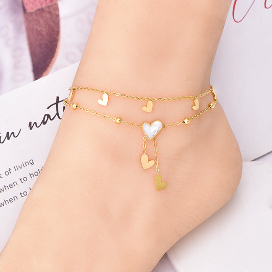 White Shell Love Tassel Anklet Titanium Steel Ankle Ring Gold