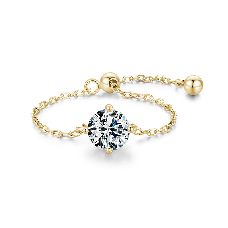 S925 Silver Light Luxury Inlaid Simulation Diamond Zircon Ring Female Opening European And American Ins Tide Silver Jewelry Adjustable Chain Ring