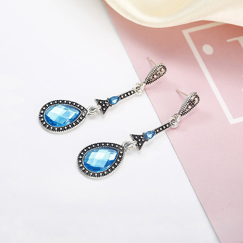 retro style alloy inlaid blue zircon long earrings jewelry