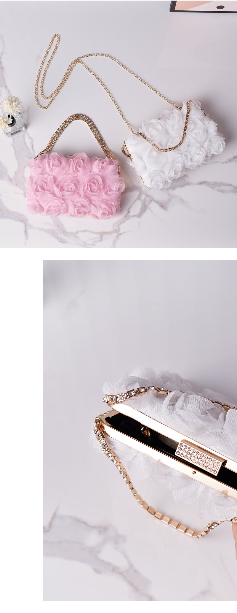 White Pink Black Polyester Solid Color Flower Square Evening Bags
