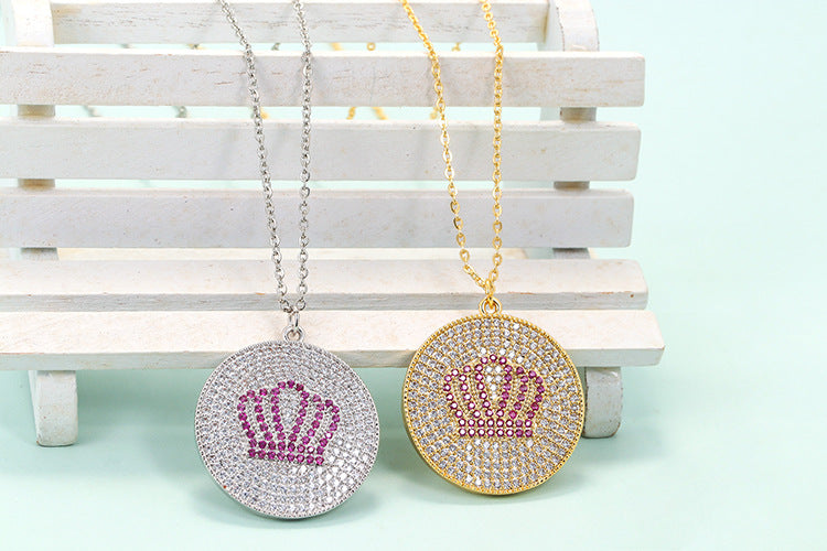 hip-hop crown 18k gold round diamond zircon pendant clavicle chain