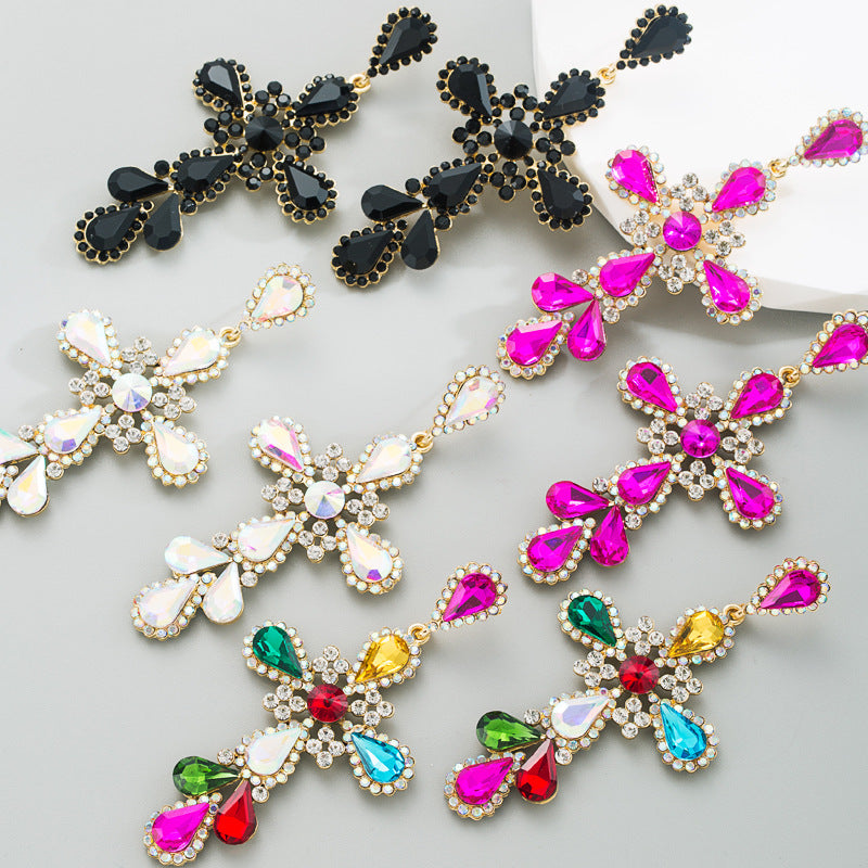 fashion cross alloy inlay rhinestone earrings
