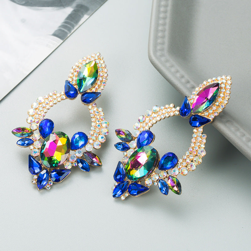 retro style creative alloy diamond glass drill rhinestone flower earrings