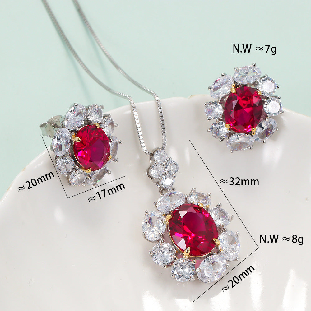 Retro flower 925 silver inlay artificial gemstones women's earrings necklace