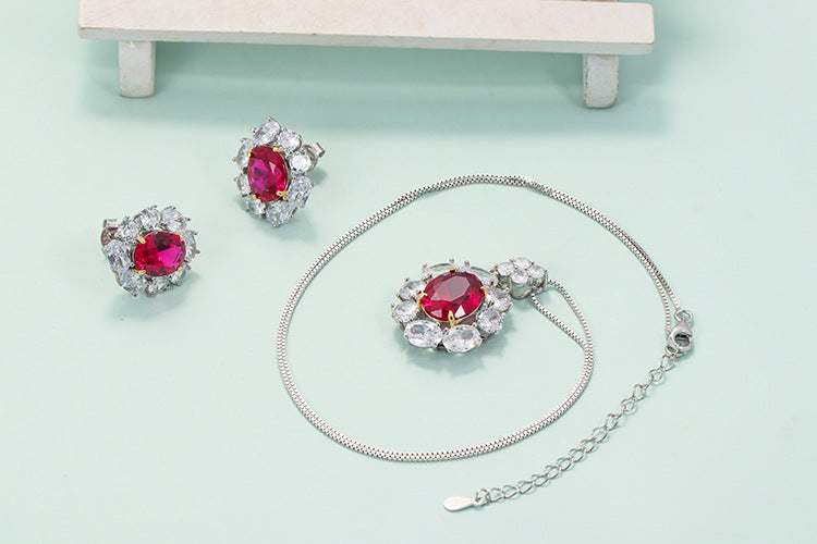 Retro flower 925 silver inlay artificial gemstones women's earrings necklace