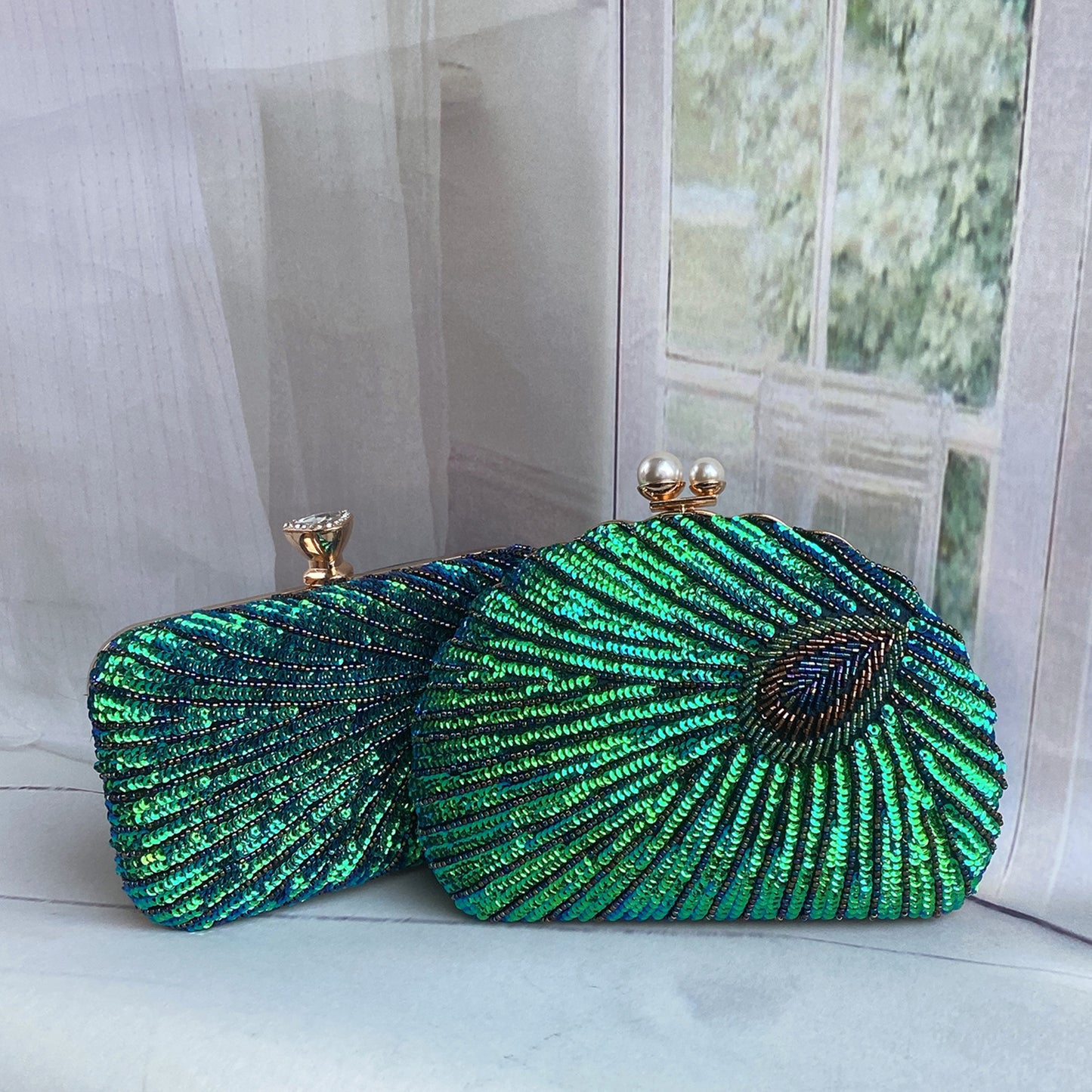 blue black gold metal feather beading sequins shell evening bags