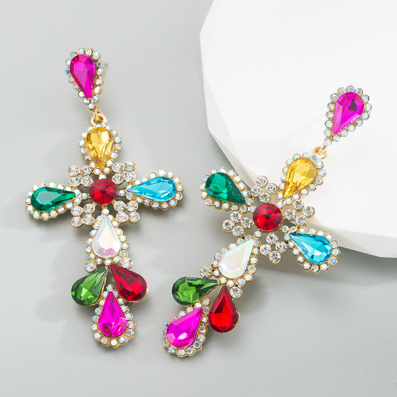 fashion cross alloy inlay rhinestone earrings
