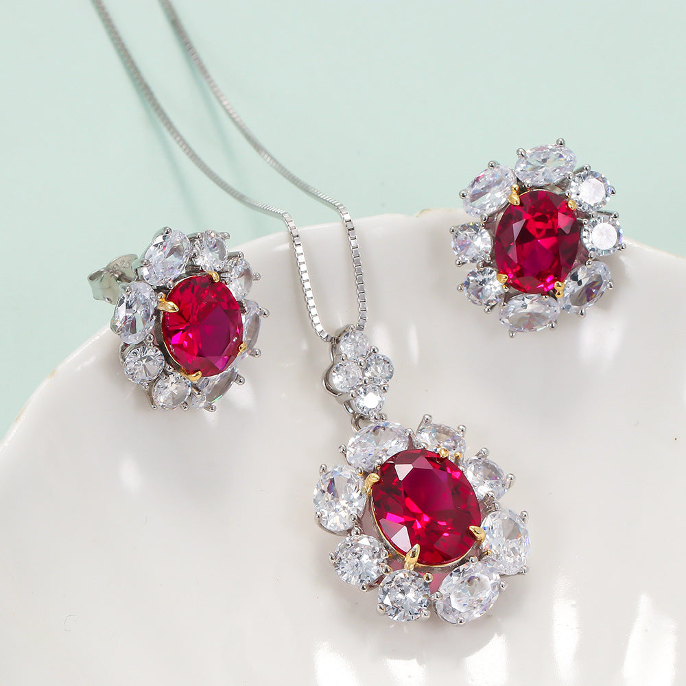 Retro flower 925 silver inlay artificial gemstones women's earrings necklace