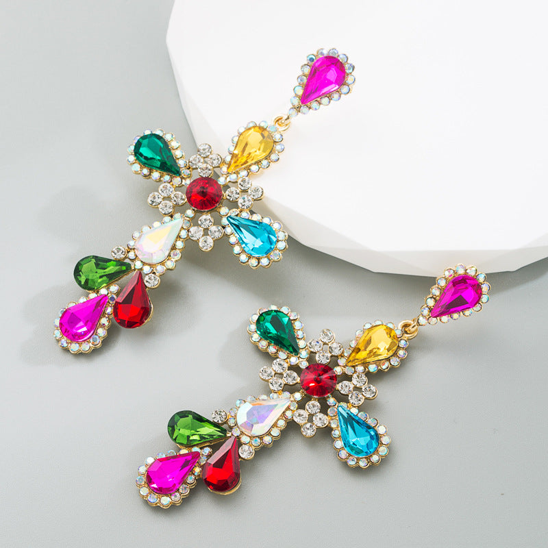 fashion cross alloy inlay rhinestone earrings