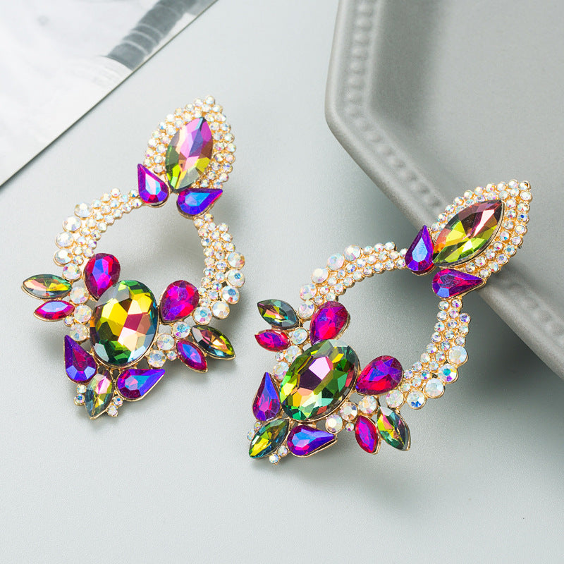 retro style creative alloy diamond glass drill rhinestone flower earrings