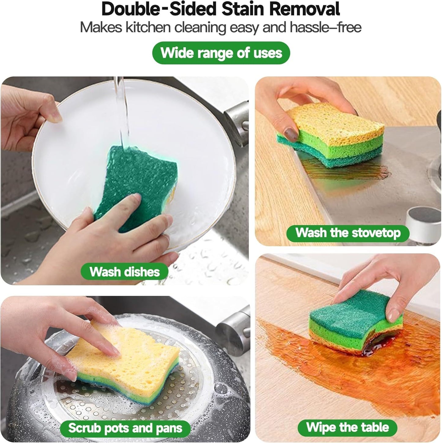 12 Pack Zero Scratch Scrub Sponges, 4 pc Pack, Wood Pulp, Cotton Layer, Non-Scratch Kitchen Sponges For Dishes And Cleaning