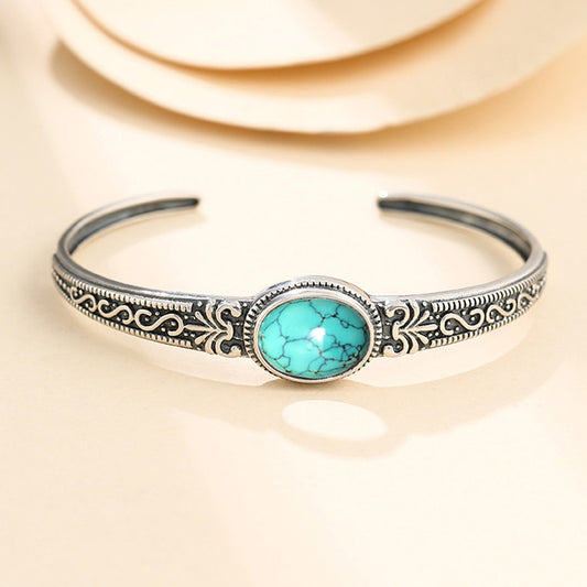 925 Silver Plated Men's And Women's Bracelets Retro Pattern Inlaid Turquoise Bracelet