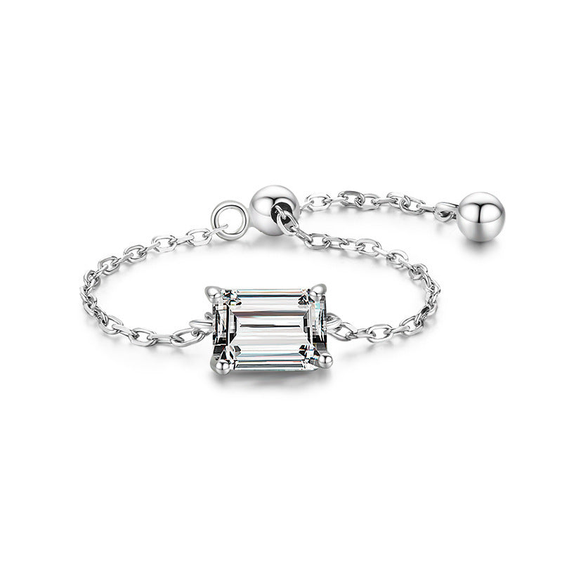 S925 Silver Light Luxury Inlaid Simulation Diamond Zircon Ring Female Opening European And American Ins Tide Silver Jewelry Adjustable Chain Ring