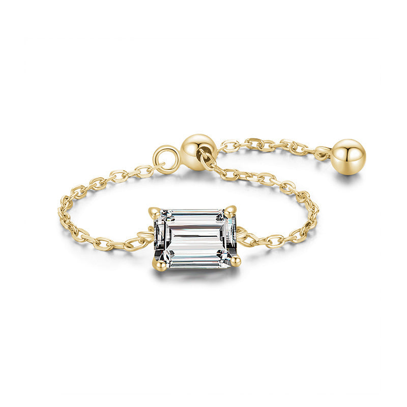 S925 Silver Light Luxury Inlaid Simulation Diamond Zircon Ring Female Opening European And American Ins Tide Silver Jewelry Adjustable Chain Ring