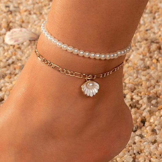 Women's Multi Layered Rice Beads Colorful Shell Pearl Feet Chain