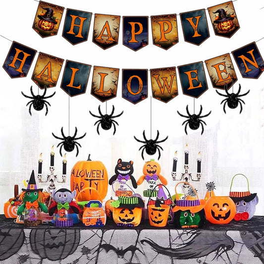 (3-5days Delivery) Happy Halloween Banner And Hanging Spider Garland Trick Or Treat Banner Sign Happy Halloween Paper Banner For Halloween Party Decorations