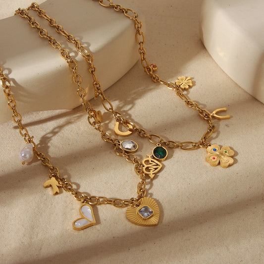 Jewelry Simple Style Classic Style Commute Four Leaf Clover Red Heart 304 Stainless Steel Acrylic Zircon 18K Gold Plated Plating Inlay Pendant Necklace