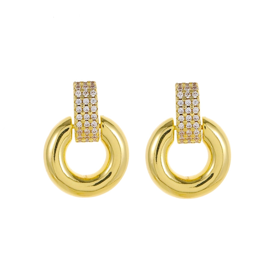 1 Pair Elegant Luxurious Round Square Copper Zircon 18K Gold Plated Drop Earrings