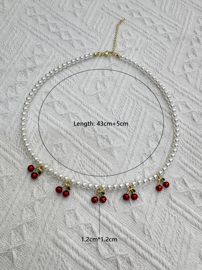1 Piece Fashion Elegant Red Cherry Pendant Stringed Pearls Necklace Suitable for Daily Party Wear