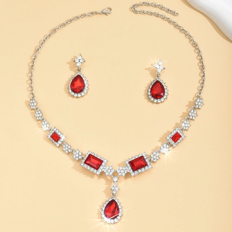 Diamond-encrusted Blue Square Water Drop Necklace Earrings Set Elegant Elegant Clavicle Chain New Style Light Luxury High-grade Necklace