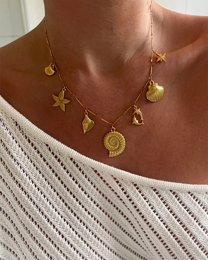 Jewelry Retro Exaggerated Commute Starfish Conch Shell 304 Stainless Steel 18K Gold Plated Pendant Necklace