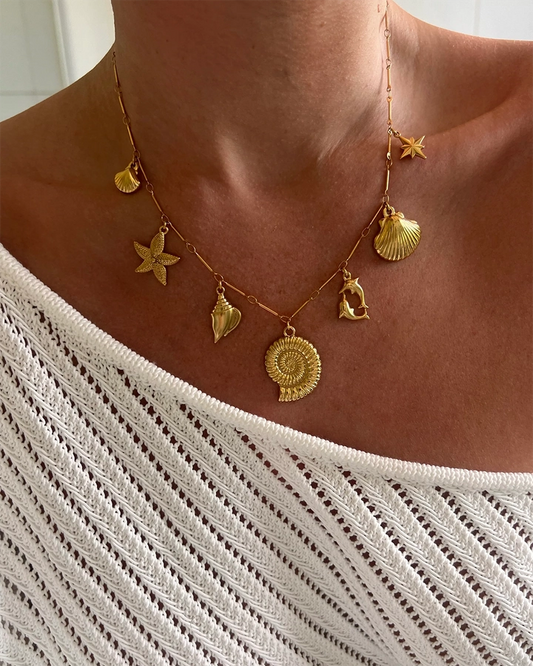 Jewelry Retro Exaggerated Commute Starfish Conch Shell 304 Stainless Steel 18K Gold Plated Pendant Necklace