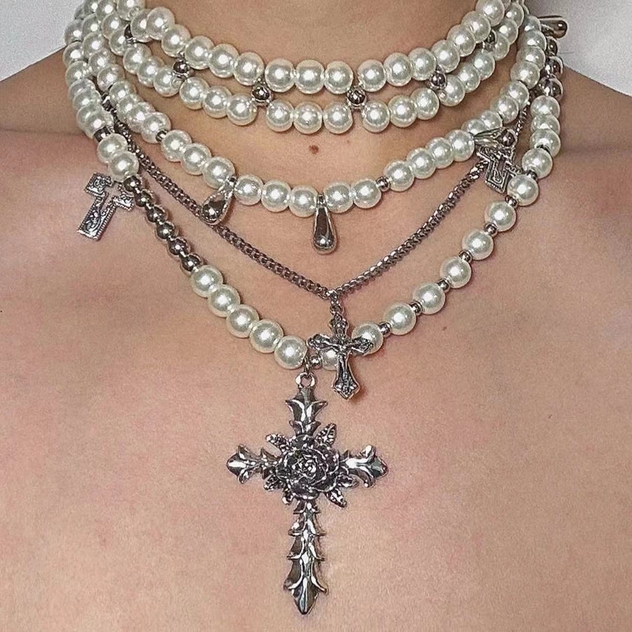 Pearl multi-layer stacked flower cross necklace light luxury niche high-grade clavicle chain personality trendy cool necklace for women