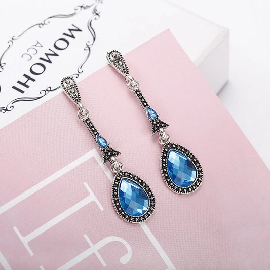 retro style alloy inlaid blue zircon long earrings  jewelry