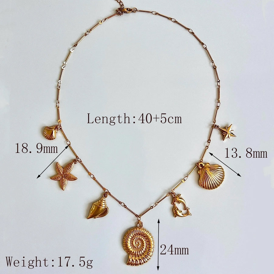 Jewelry Retro Exaggerated Commute Starfish Conch Shell 304 Stainless Steel 18K Gold Plated Pendant Necklace