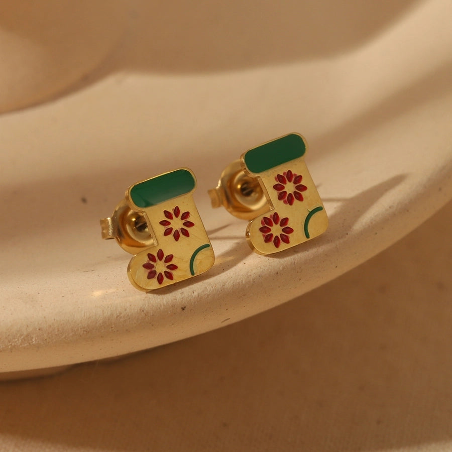 1 Pair Sweet Simple Style Christmas Tree Santa Claus Enamel 304 Stainless Steel Zircon 14K Gold Plated Ear Studs