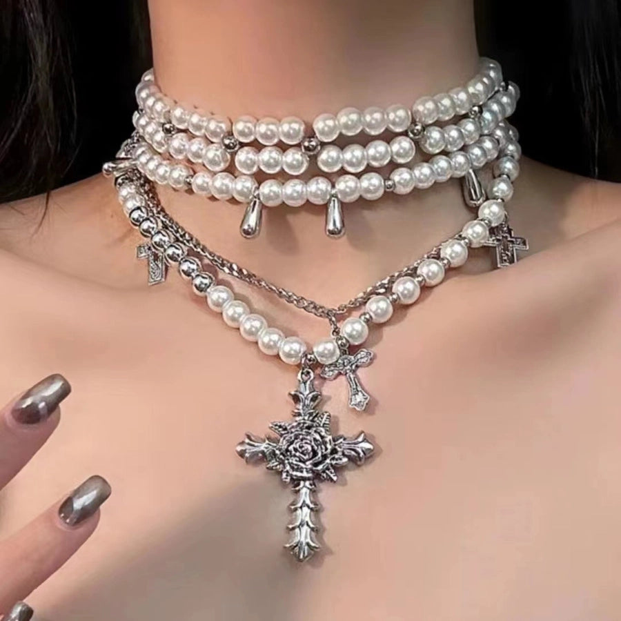 Pearl multi-layer stacked flower cross necklace light luxury niche high-grade clavicle chain personality trendy cool necklace for women