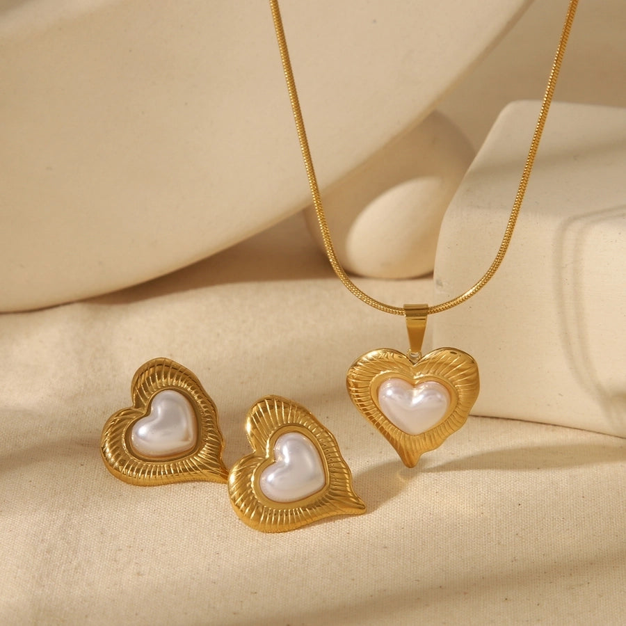 Jewelry French Style Romantic Simple Style Red Heart Solid Color 304 Stainless Steel 18K Gold Plated Bracelets Jewelry Set