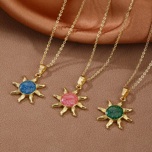 Copper 18K Gold Plated Enamel Sun Pendant Necklace