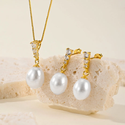Elegant Pearl 14K Gold Plated,Freshwater Pearl, Sterling Silver Jewelry Set