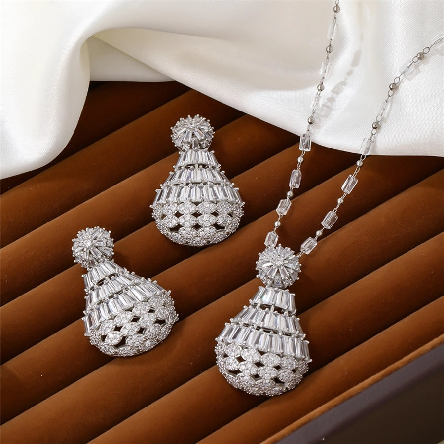 lady shiny water droplets copper plating hollow out inlay zircon earrings necklace