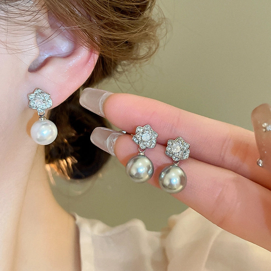 Elegant Simple Style Flower Imitation Pearl Copper Inlay Zircon Women's Earrings Necklace